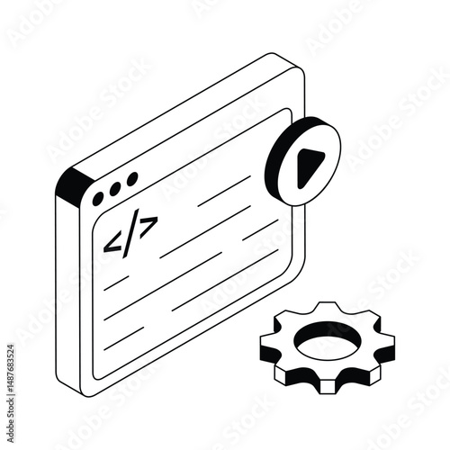 A trendy isometric outline icon of web coding interface