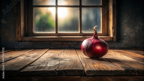 Rustic Still Life A Single Red Onion Rests on a Weathered Wooden Table by a Sunlit Window