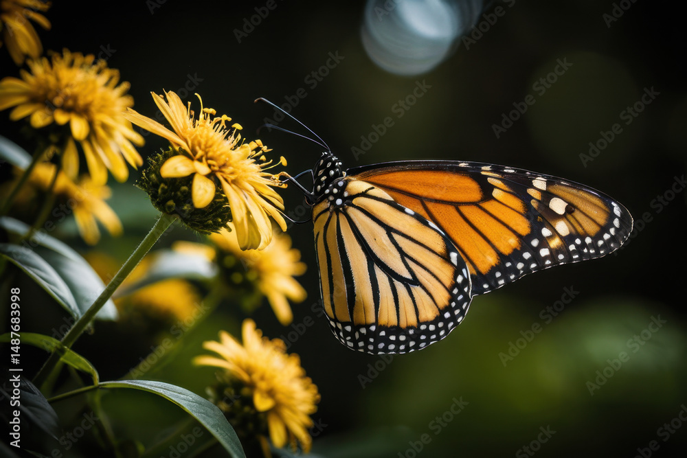 Naklejka premium A close-up shot of a butterfly perched on a colorful flower, ideal for use in designs about nature, beauty, and simplicity