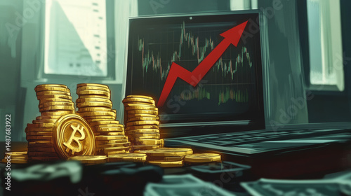 Coins and rising arrows represent positive signals from the market