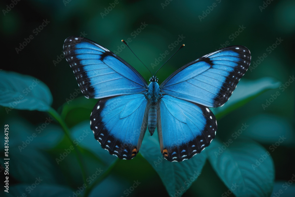 Obraz premium A blue butterfly perched on the edge of a bright green leaf, perfect for nature and outdoor themed designs