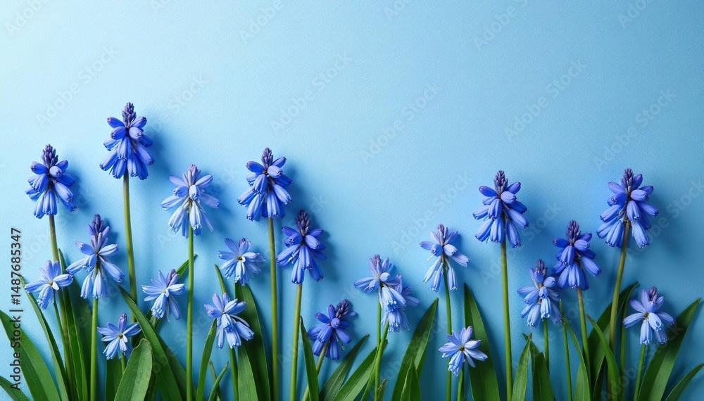 Obraz premium Dainty bluebells in rhythmic arrangement on wall , spring, delicate, bluebells