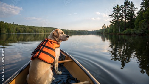 Dog wearing life jacket sitting in a canoe on a calm lake