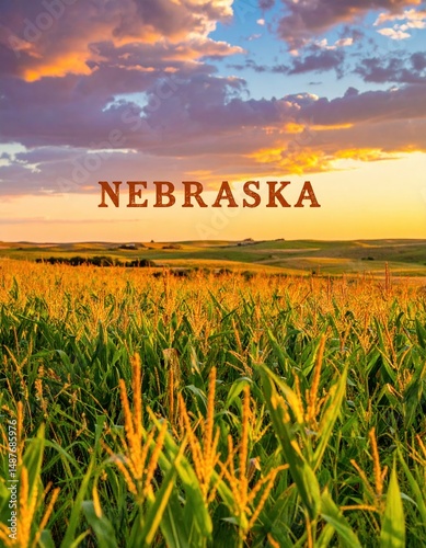Sunset over nebraska cornfield: golden fields and vibrant skies