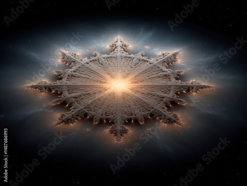 Fractal snowflake design glowing against a cosmic backdrop representing mathematical beauty and harmony capturing the intricate patterns of nature and the universe