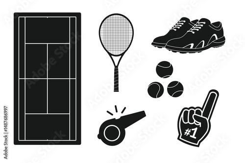 tennis equipment set design, in black style, editable vector eps 10.