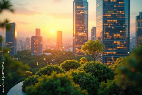 Urban Greenery and Digital Data Overlays in Futuristic Cityscape at Golden Hour photo