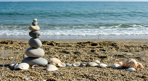beach,  ocean,  sea, Balanced Stones and Seashells on Sandy Beach with Ocean Background