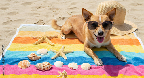 dog,  puppy,  canine, Dog on Beach Towel Wearing Sunglasses