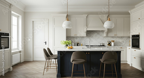 kitchen,  interior,  design, Elegant Modern Kitchen Interior Design with Dark Blue Island and Gold Accents