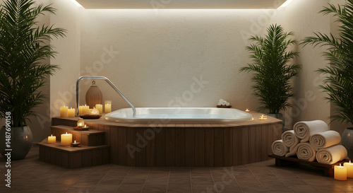 spa,  hot tub,  jacuzzi, Luxurious Spa Hot Tub with Candles and Plants