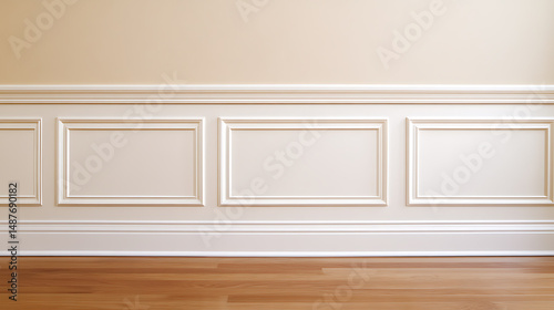 Interior wall detail featuring decorative wainscoting and a warm beige color palette, complemented by a polished hardwood floor and natural light.