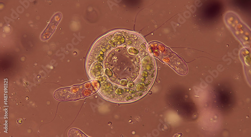 paramecium,  algae,  microorganisms, Microscopic View of Paramecium and Algae