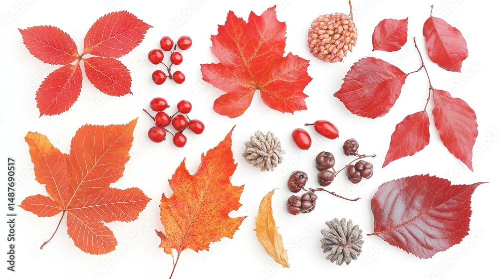 Obraz premium Autumn Arrangement of Dried Leaves and Rowan Berries, Symbolizing Nature's Seasonal Transition 