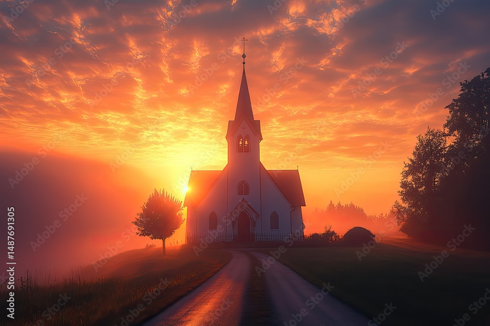 Fototapeta premium A serene sunrise over a church, symbolizing the spiritual aspect of Easter