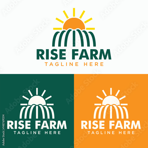 Rise Farm Logo with Sun and Waterfall - Organic Agriculture Branding Icon