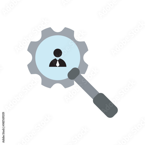 Flat vector icon of magnifying glass with human figure inside a gear, symbolizing employee search, recruitment process, and human resources analysis. Great for corporate HR materials.