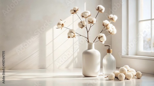 Serene Minimalist Home Decor with Cotton Flowers in a Vase and a Dispenser