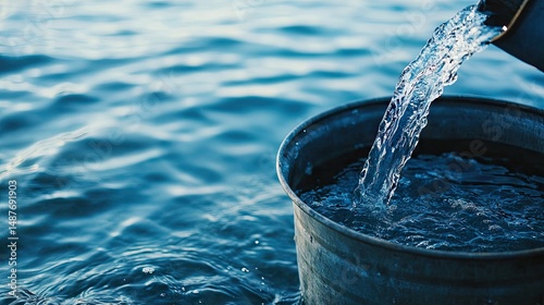 A bucket pouring water into the ocean under a bright blue sky. capturing the serene moment of nature and outdoor activities. ideal for relaxation and summer themes