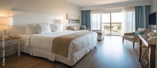 Beautiful hotel room interior, comfortable for guests staying, with wooden floors