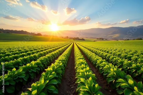 Sun-drenched California farmland, rows of crops, sun, organic