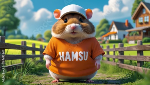 Adorable Hamster Character Wearing Casual Orange T-Shirt in Sunny Outdoor Setting