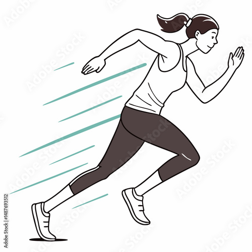 Young woman running swiftly in athletic gear with motion lines  