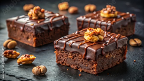 Decadent Chocolate Brownies Topped with Rich Caramel-Glazed Nuts on a Dark Slate Surface