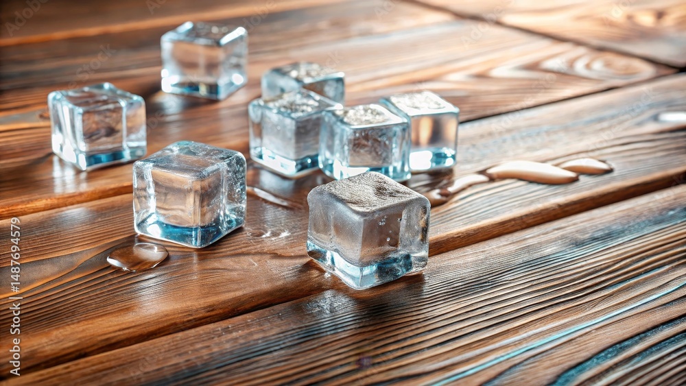 Crystal Clear Ice Cubes Melting on Rustic Wooden Surface Crystal Clear Ice Cubes Melting on Rustic Wooden Surface