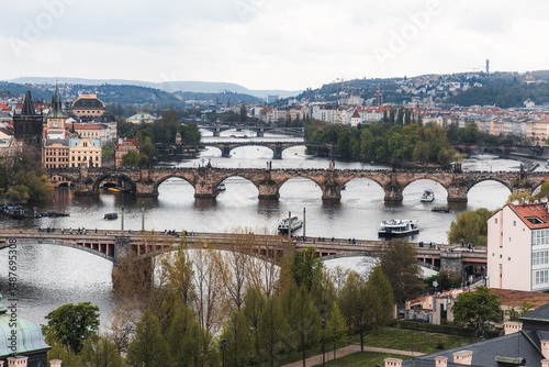 panorama of prague river and bridges