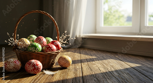 Easter,  eggs,  basket, Easter eggs in a wicker basket on a wooden floor
