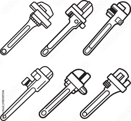 set of industrial pipe wrench line art, black outline, vector and illustration, coloring book page line art drawing