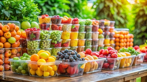 A vibrant display of fresh, healthy fruits in clear containers, arranged in neat stacks, showcasing a colorful assortment of nature's bounty on a rustic wooden table
