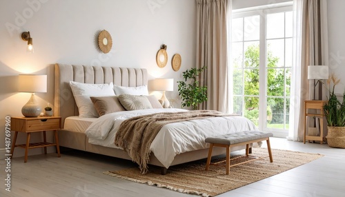 serene modern bedroom with a king-sized bed, plush bedding in neutral tones, and a large window with sheer curtains. Soft, ambient lighting, subtle decor elements, and a wooden nightstand with a minim