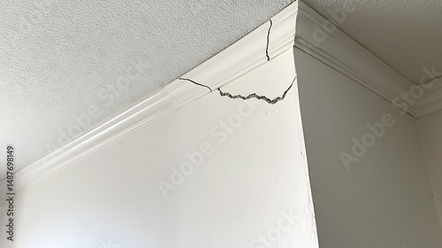Structural crack in wall and ceiling corner, indicating potential settling or damage. Requires assessment by a professional for proper repair. Safety concern.