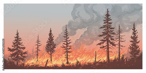 Hand-Drawn Burning Forest Vector Illustration, Wildfire Trees on Fire Sketch