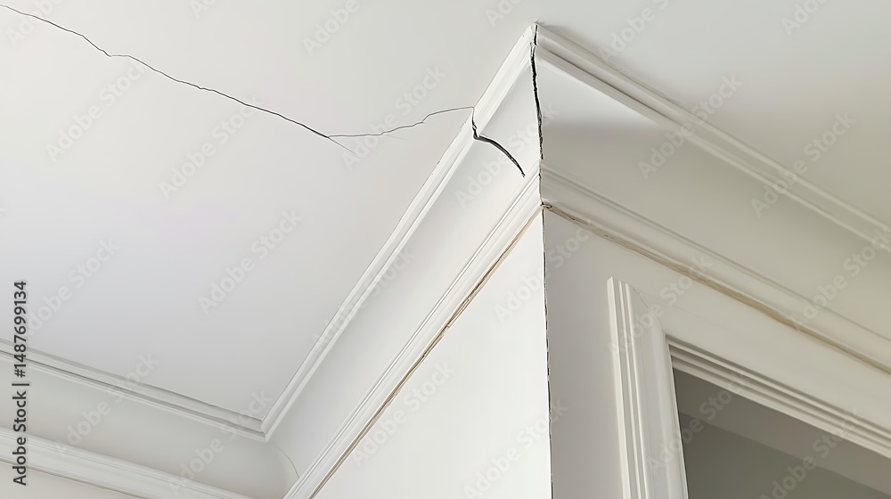 Fototapeta premium Cracked Ceiling and Trim: A close-up view reveals a damaged white ceiling with a significant crack extending along the molding and the corner where it meets the wall.