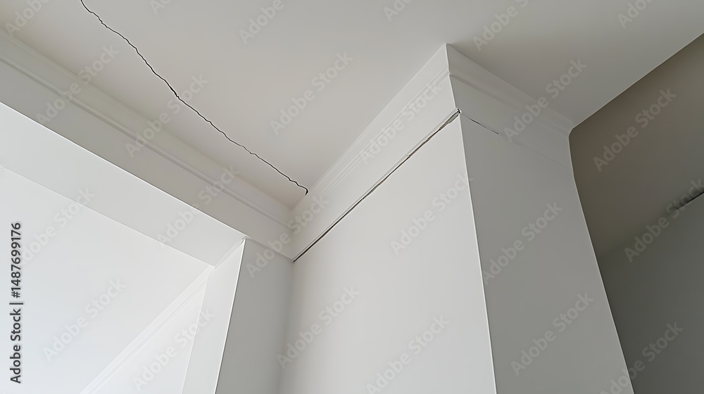 Obraz premium Ceiling crack: A hairline fracture spans across a pristine white ceiling, adjacent to decorative molding and a corner, suggesting potential structural concerns.