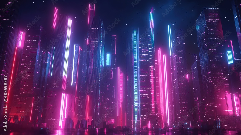 Obraz premium Futuristic cityscape with glowing neon lights and geometric architecture, embodying a vision of advanced urban harmony. 