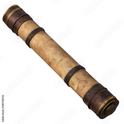 Rolled parchment scroll with bands on transparent background