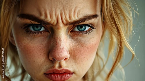 Portrait Frustrated young woman standing with crossed arms anger emotion, displaying stern expression against soft neutral background Copy space for text