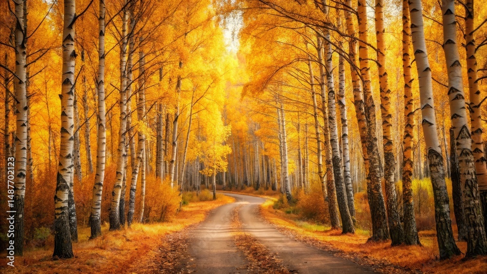 Fototapeta premium Autumnal Pathway Through Golden Birch Forest A Serene Winding Road