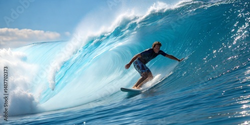 Fototapeta Naklejka Na Ścianę i Meble -  Male surfer riding a blue ocean wave