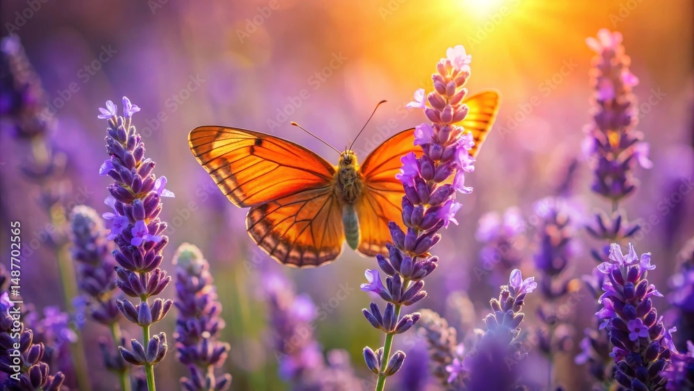 Obraz premium Golden butterfly wings illuminated by warm sunlight, delicately perched on vibrant purple lavender blossoms in a serene floral field.