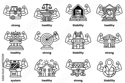 Set of illustrations in the concept of various equipment with arms in a line drawing style