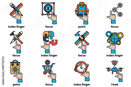 set of images of hands pointing at various things in a line drawing style