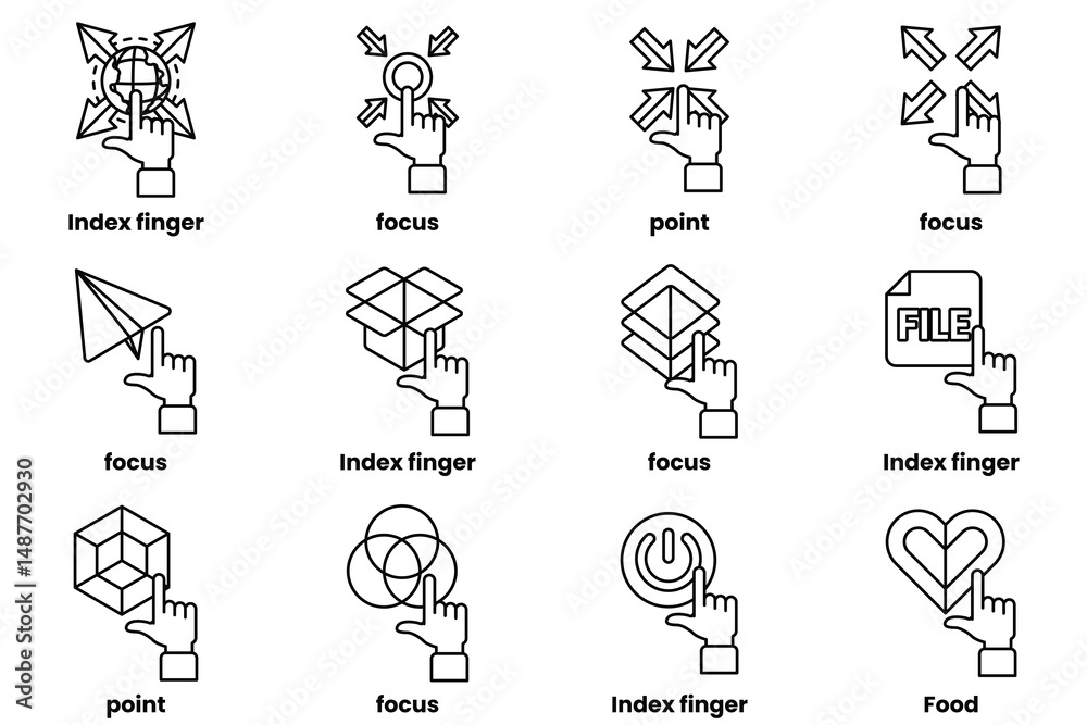 Fototapeta premium set of images of hands pointing at various things in a line drawing style