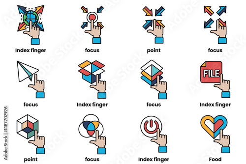 set of images of hands pointing at various things in a line drawing style