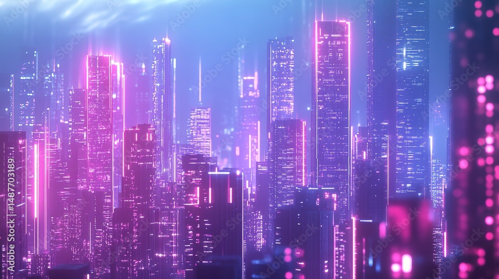 Fototapeta premium Futuristic cityscape with glowing neon lights and geometric architecture, embodying a vision of advanced urban harmony. 