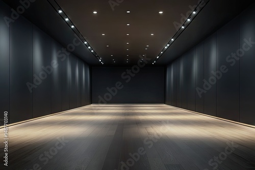 A modern art gallery interior showcasing empty frames on a dark wall. illuminated by soft ceiling lights. with large windows revealing a cityscape in the background